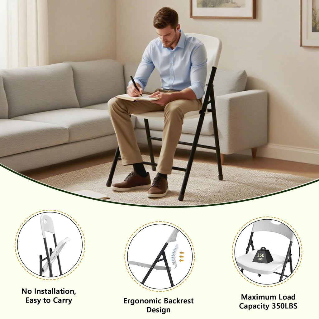 White Folding Chairs 6 Pack, Outdoor Portable Plastic Foldable Chairs with Metal Frame, 350lbs Capacity Heavy Duty