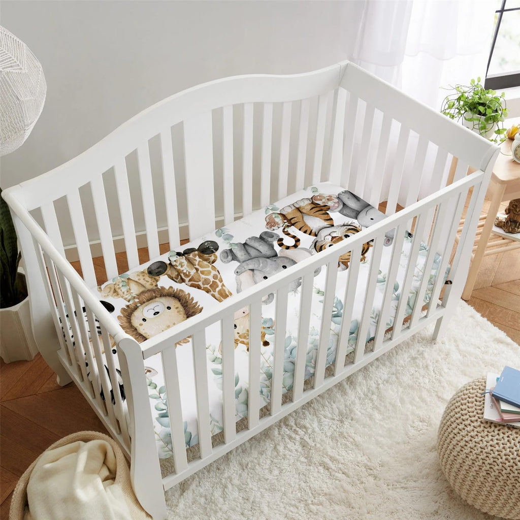 Safari Jungle African Animals Eucalyptus Leaf Fitted Standard Baby Crib Sheet, Giraffe Lion Tiger Elephant Zebra