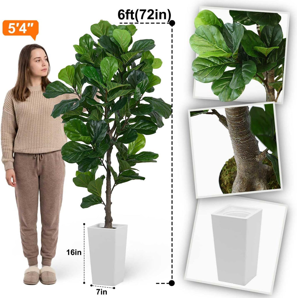 6ft Artificial Fiddle Leaf Fig Tree Decor, 6 Feet Large Faux Plant Fake Ficus lyrata Silk Trees with Pot for Indoor