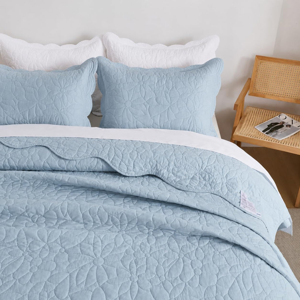 Cotton Floral Stitch Quilt Set Twin Blue Scallop Coverlet 2PC