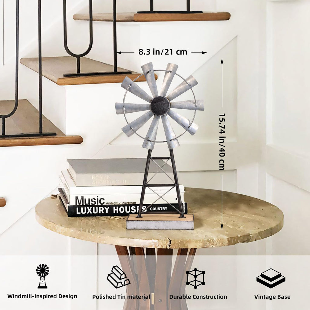 Charming Tall Galvanized Windmill Decor, Metal Windmill Accent for Farmhouse Shelf Decor and Living Room, Adding a