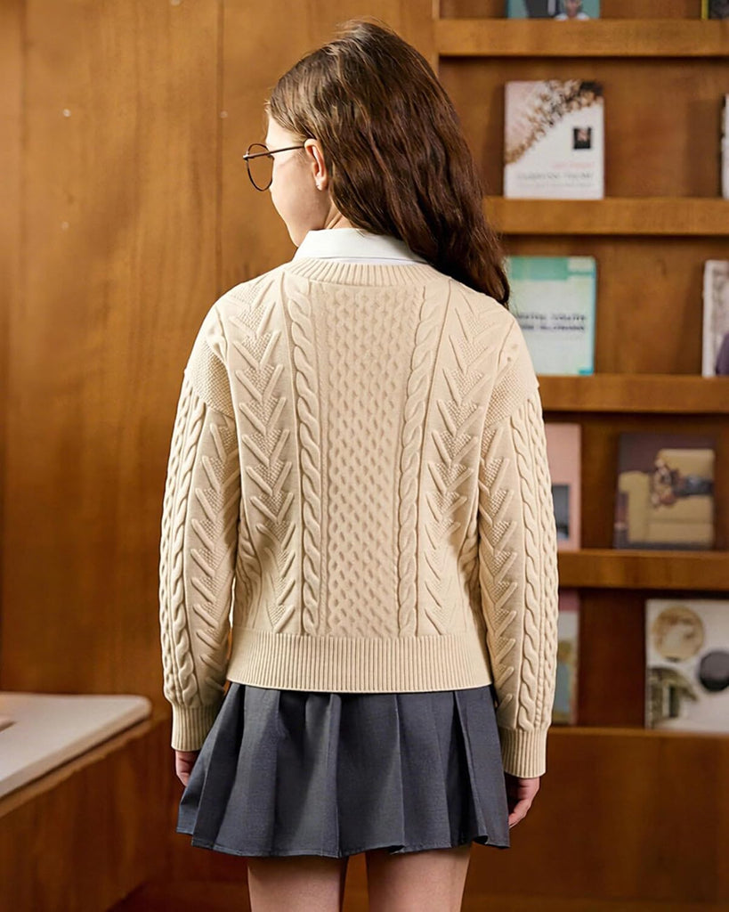 Long Sleeve Chunky Cable Knit Cardigan for Girls Button Front Uniform School Sweater