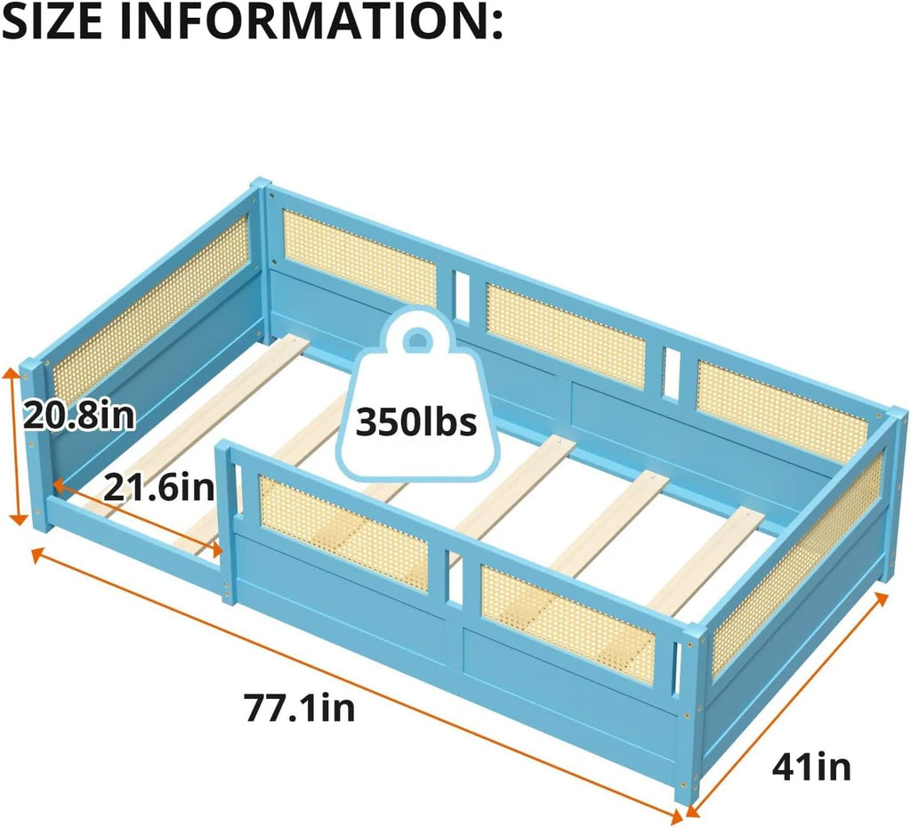 Floor Bed with PE Rattan High Fence, Wood Montessori Bed Frame with Slats for Children Girls Boys, Sky