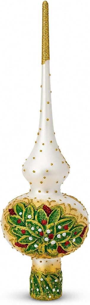 Dimensional Roses Bouquet on White Glass Christmas Tree Topper 11 Inches