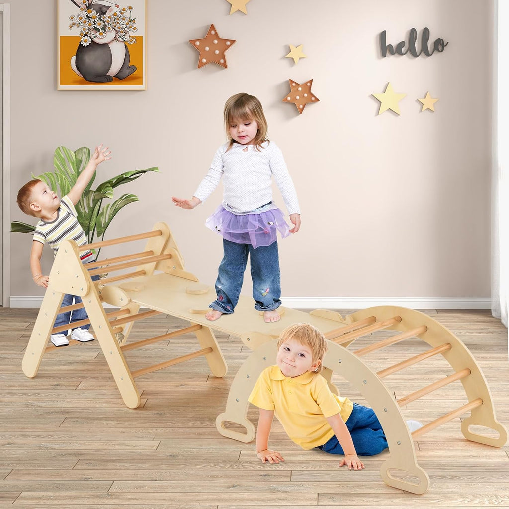Triangle Set 7 in 1 Climbing Toys for Toddlers 1-3 Inside Foldable Wood Montessori Jungle Gym with Ramp Slide Arch