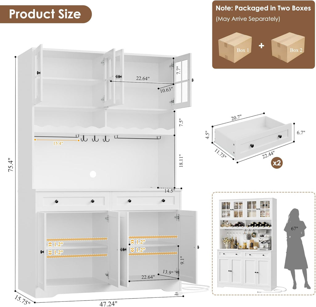 75" Kitchen Pantry Storage Cabinet, Coffee Bar Hutch Cabinet, White | Tall Pantry Cabinet with Charging Station /