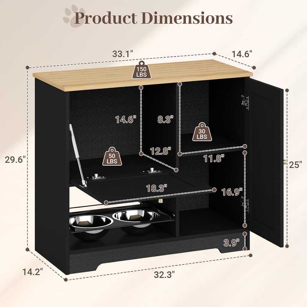 Dog Feeding Station with with 2 Elevated Dog Bowls, Dog Food Storage Cabinet with with Storage and Hooks, Hidden Pet