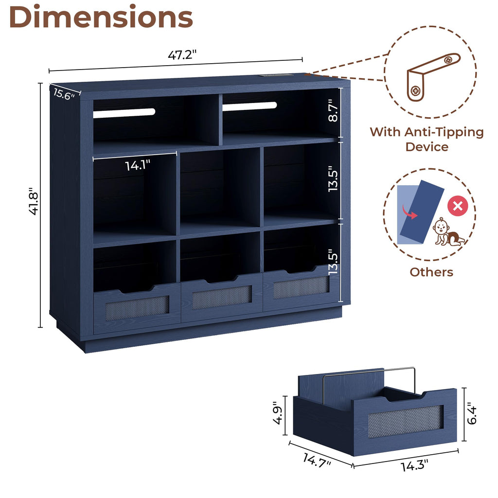 3-Tier Record Player Stand with Charging Station, Vinyl Storage