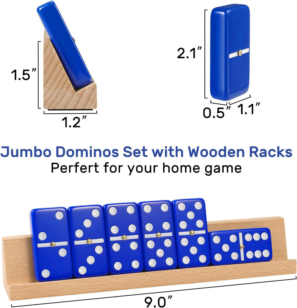 Dominoes Set for Adults with 4 Wooden Racks/Trays, Double Six Travel Portable Case 6 Tiles Holders, 28 Dominos Family - Set of 28