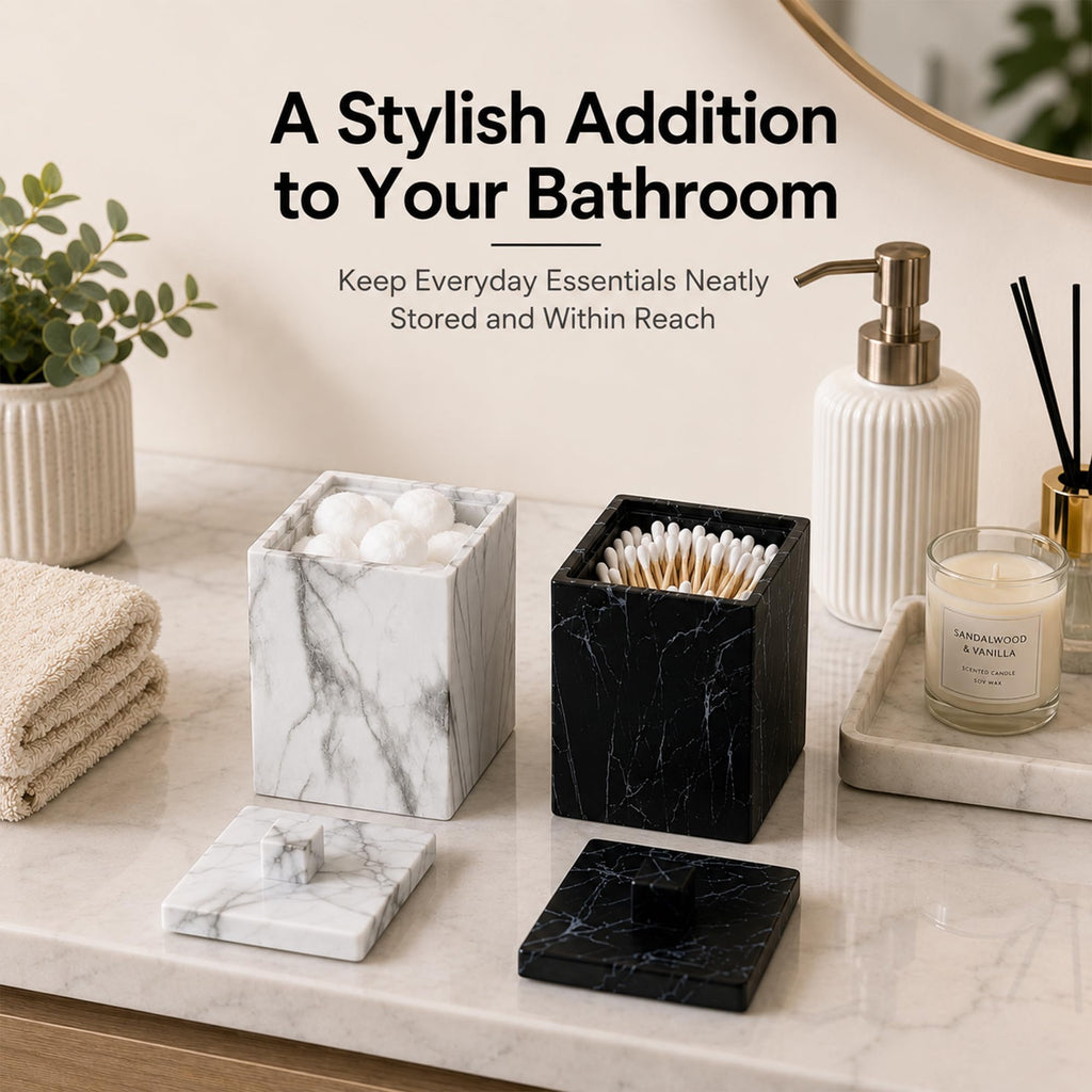 2-Pack Marble Pattern Cotton Swab Holders with Lids, Res Vanity Storage Jars, Square Qtip Containers for Cotton