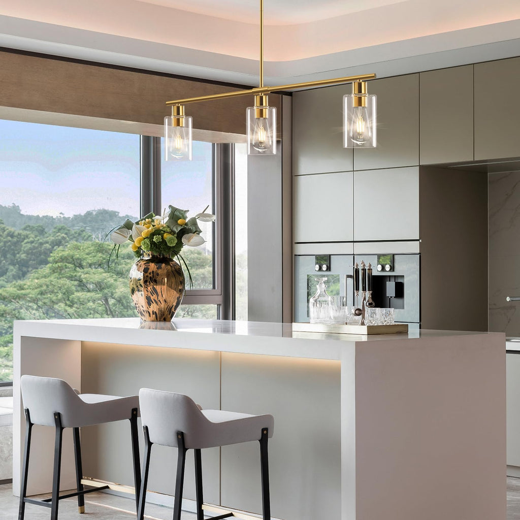 Kitchen Island Lighting, Linear Chandeliers Rectangle Pendant Light Fixtures Farmhouse Hanging Light with Glass