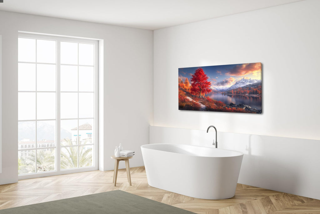 Beautiful Mountain Landscape Wall Art Office Nature Riverside Scenery Red Tree Painting Prints Autumn Scenic Canvas