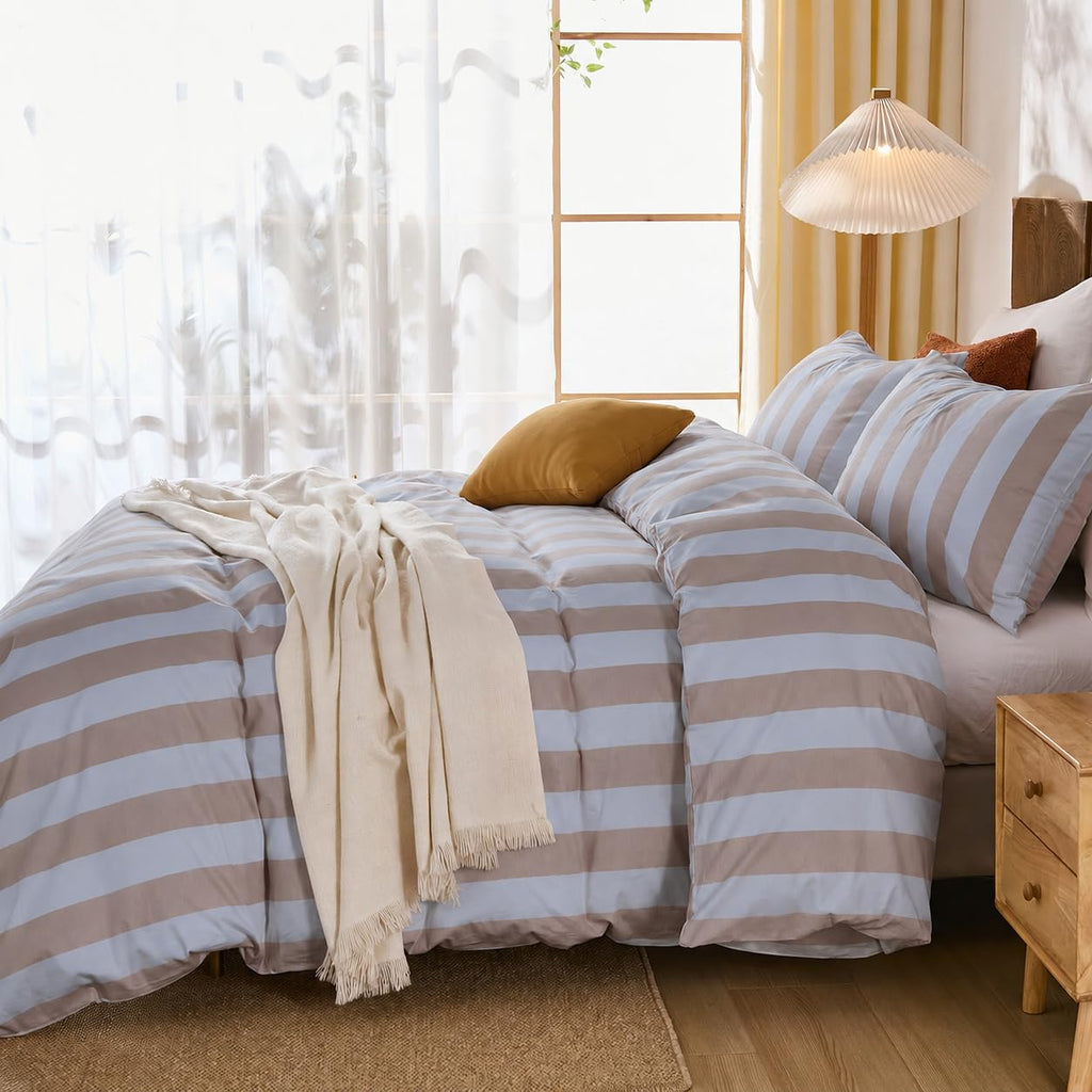 Blue and Brown Striped Duvet Cover Set King Size, 100% Cotton Bedding Set with Zipper Closure & 8 Corner Ties, Luxury