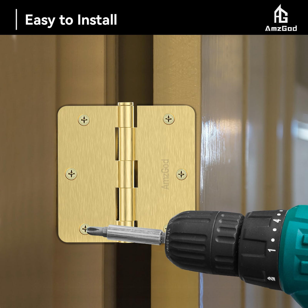Door Hinges Satin Brass - 18 Pack Gold Door Hinges 3.5 Inch Rounded Interior Door Hinge with 1/4" Radius - 3 1/2