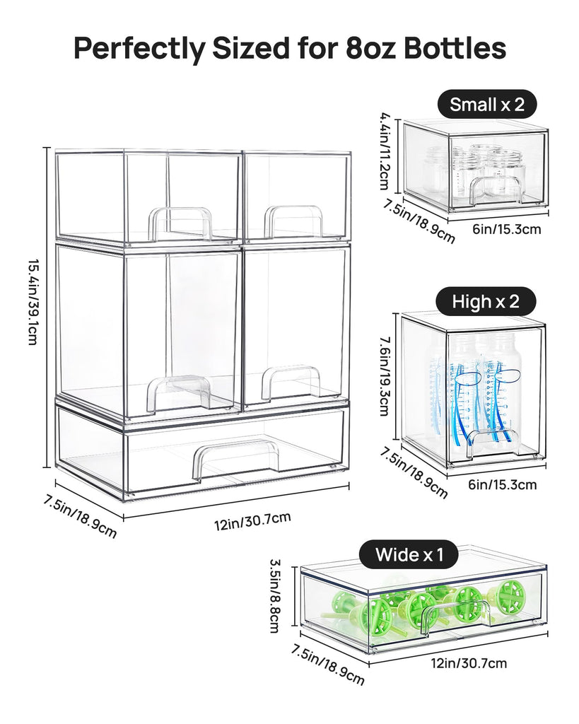 Clear Stackable Storage Drawers Set of 5, Plastic Organizer Bins
