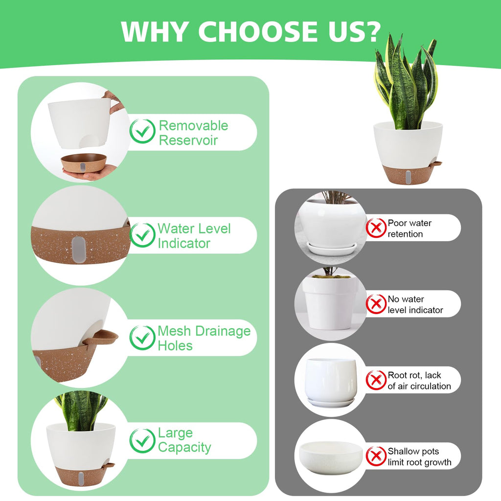 12" 10" 9" 8" Self Watering Pots with Water Level Indicator, Large Plastic Planters Set with Mesh Drainage Hole and