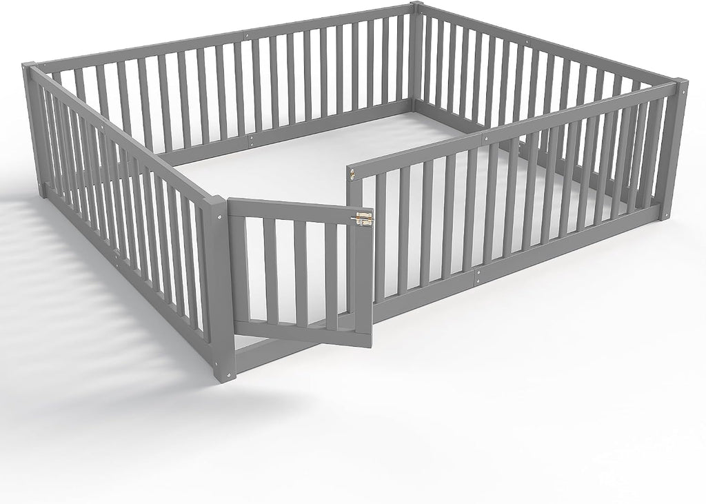 Queen Size Floor Bed with Detachable Door, Wood Kids Floor Bed Queen with Full-length Guardrails, Montessori Floor