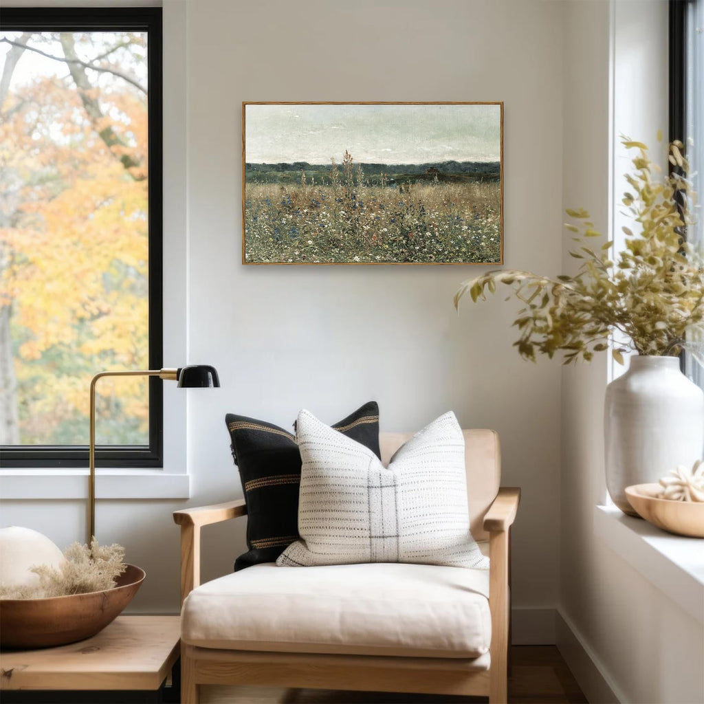 Framed Canvas Print Wall Art, Vintage Wall art Wildflower Field Vintage Print, Neutral Country Meadow Landscape