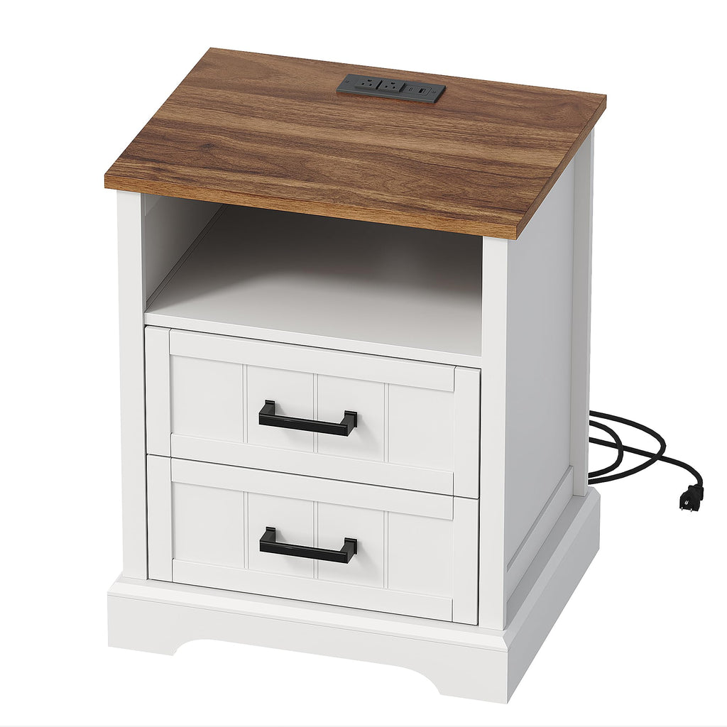 Farmhouse Night Stands with Charging Station 2 Drawers