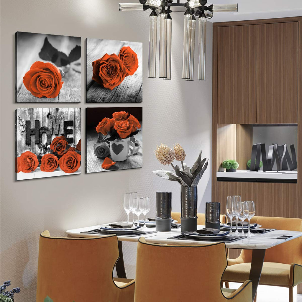 Farmhouse Flower Wall Art Burnt Orange Rose Pictures Couple Bedroom Wall Decor Rustic Nature Paintings Black and