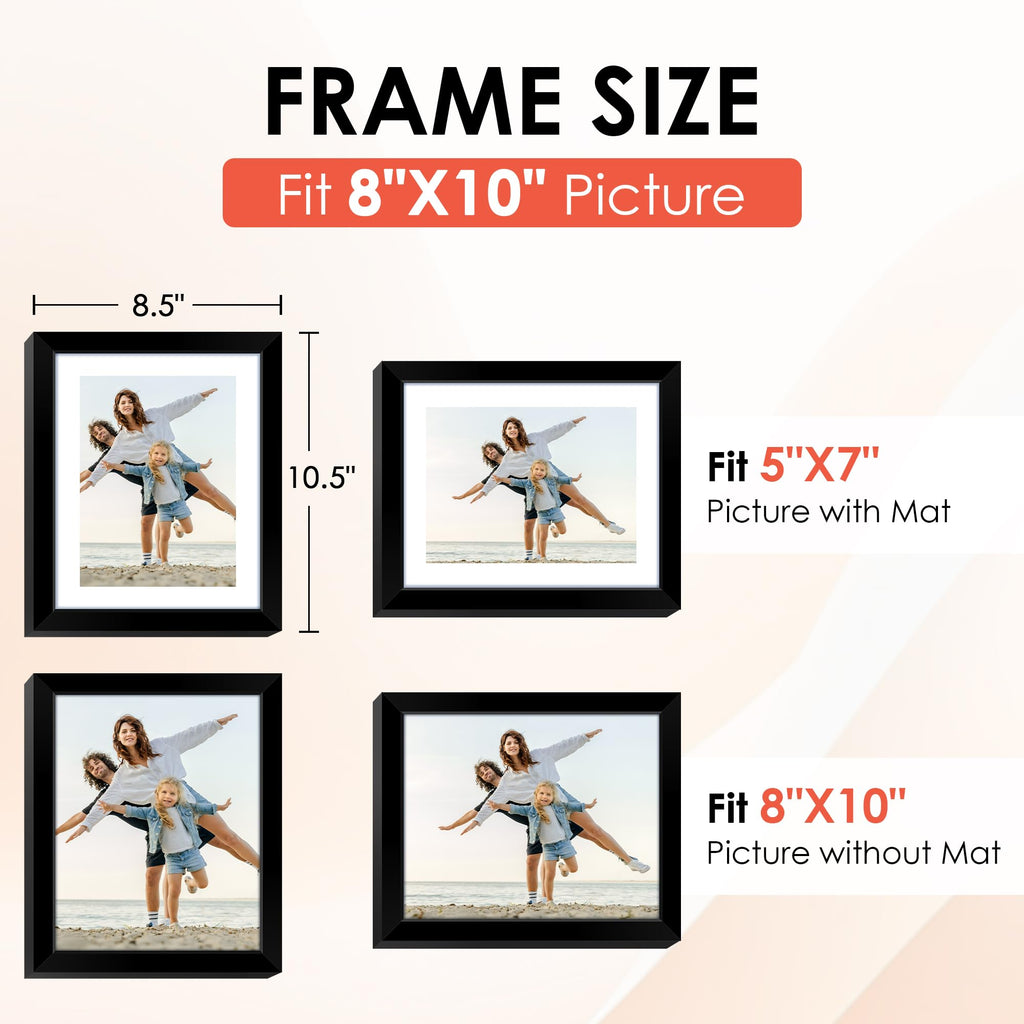 8x10 Picture Frame Set of 6, Black Photo Frames Bulk with HD Plexiglass, Display Pictures 5x7 with Mat or 8x10