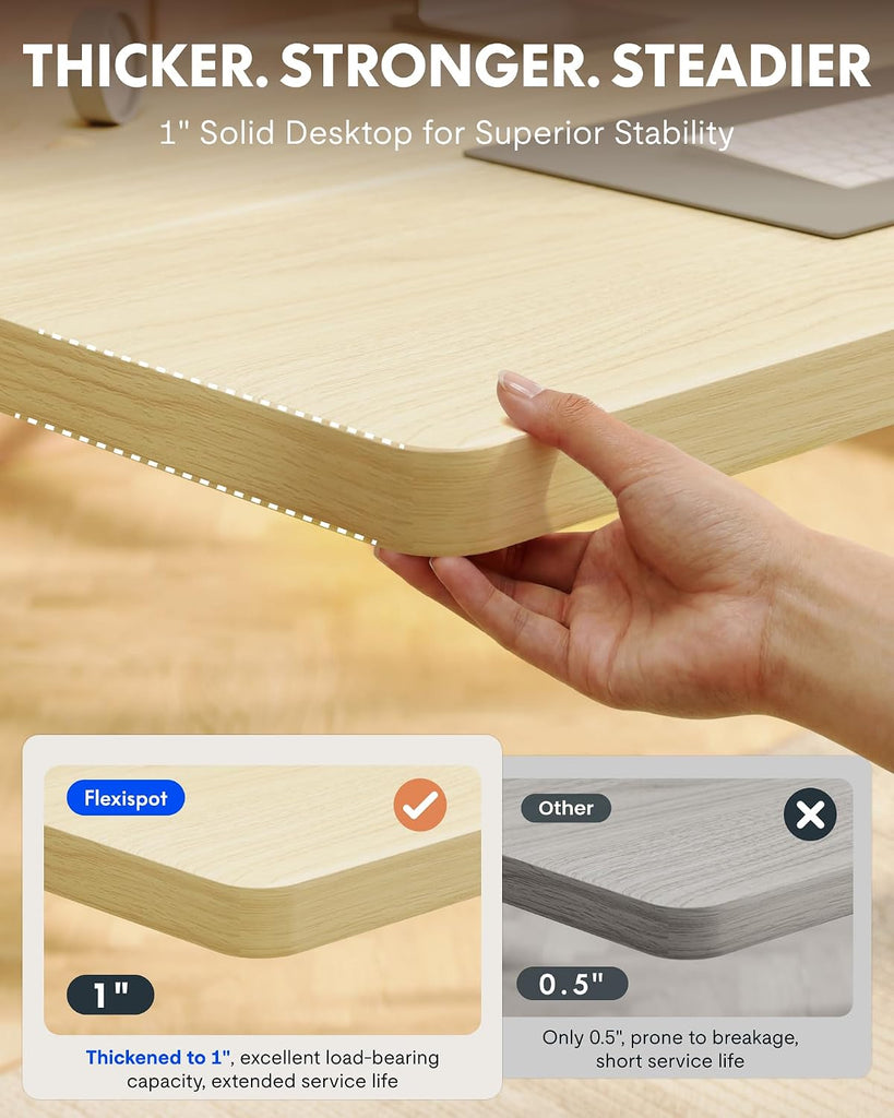 EN1 48"x30" One-Piece Standing Desk, White Wood Grain | 1" Thick Seamless Desktop, 176 LBS Capacity, Home Office Use