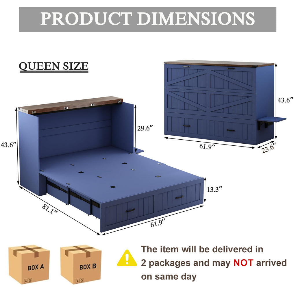Queen Murphy Bed with Charging Station, Farmhouse Noisy-Free Foldable Cabinet Bed Frame with Storage Drawer, Space