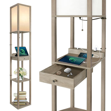Deluxe Shelf Floor Lamp with 1 Drawer, 2 USB-C Ports, 2 AC Outlets, LED Modern Floor Lamp with 3 Color Temperature