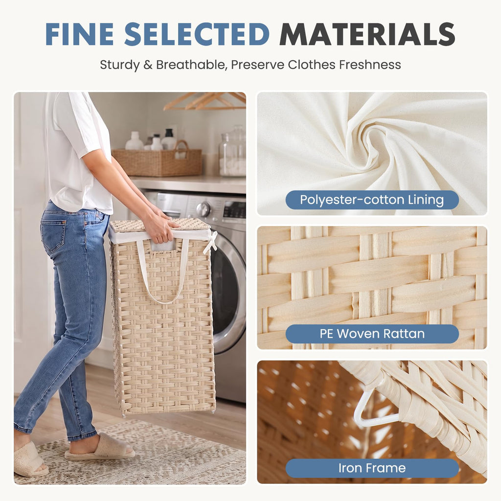 Laundry Basket with Lid, 65L Wicker Laundry Hampers, Summer Sand