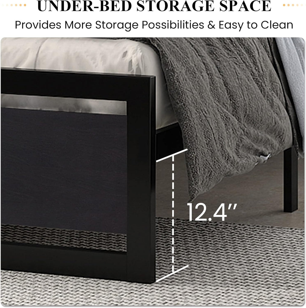 Queen Bed Frame with Modern Headboard, Heavy Duty Platform Metal Base with Square Footboard and 13 Strong Slats