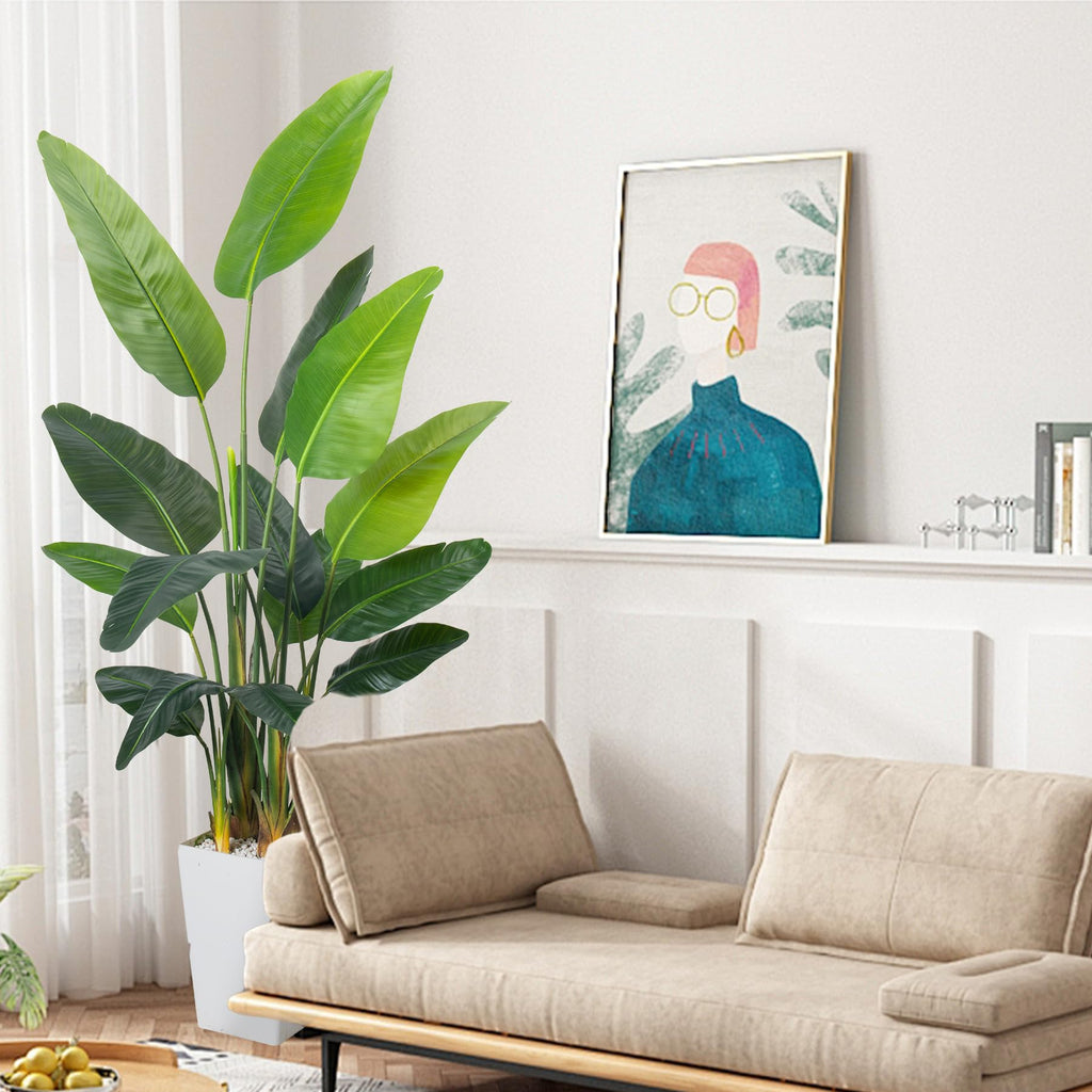 Bird of Paradise Artificial Plant 6.8FT, Faux Tropical Palm Tree with White Tall Planter, Large Fake Plants in Pot
