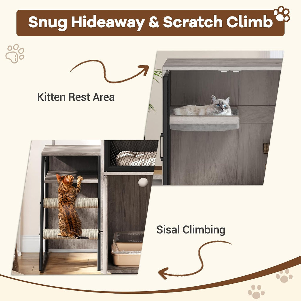 Cat Litter Box Furniture, 2 Tier Enclosed Litter Box Furniture with Doors, Hidden Storage and Ladder, Grey