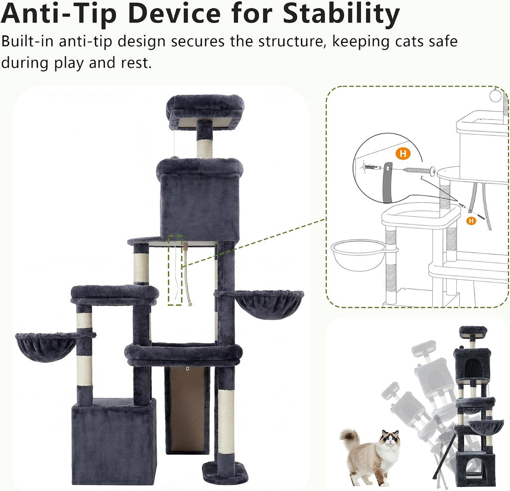 Cat Tree 72.4-Inch Anti-Tip Cat Tower with Spacious Perches