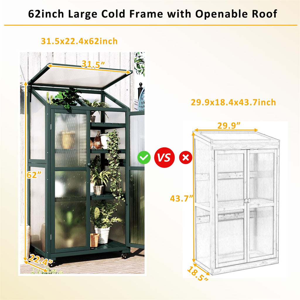 Wooden Greenhouse, Cold Frame Portable Greenhouse with Wheels and Adjustable Shelves for Indoor Outdoor Patio Balcony