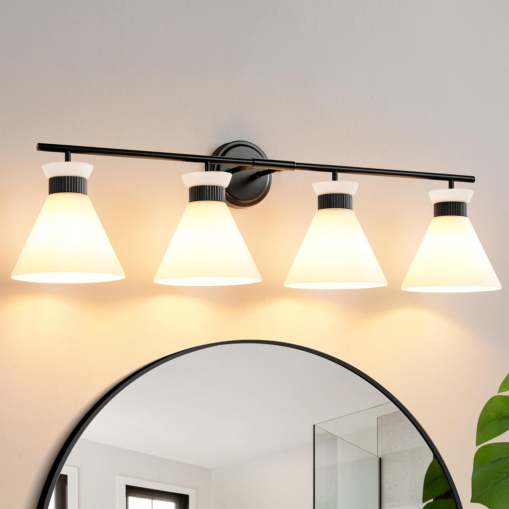 Black Bathroom Vanity Light Fixtures: Bathroom Lighting Fixtures over Mirror 36 inch with Milky White Frosted Glass