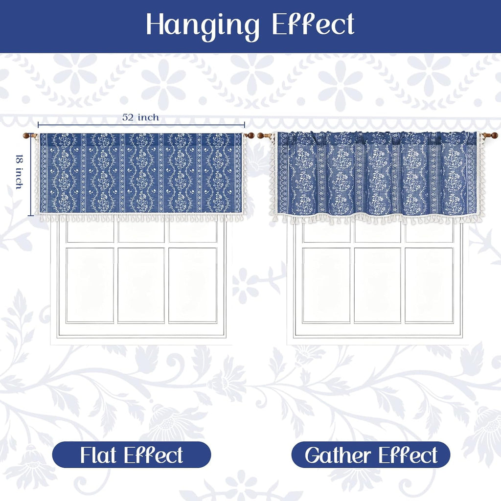 Boho Valance Curtains Vintage Linen Blue Kitchen Valances for Windows Light Filtering Bohemian Floral Valance Rod