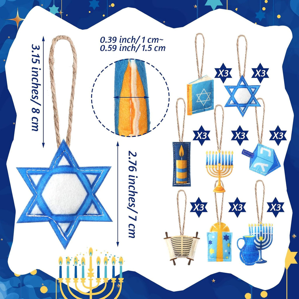 Hanukkah Tree Ornaments 3D Felt Chanukah Jewish Ornaments Dreidel Star of David Hanukkah Decorations Blue - Set of 24