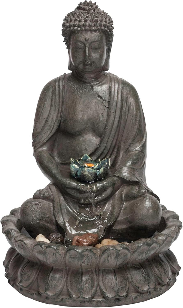 Indoor Tabletop Meditating Buddha Water Fountain with LED Lights and Lotus Flower, 19", Beige