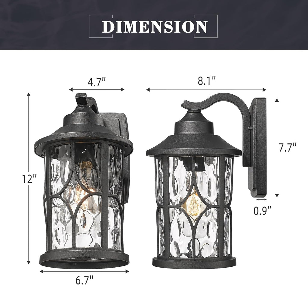 Modern Outdoor Wall Lights, 12 Inch Exterior Wall Lantern, Cast Aluminum with Water Ripple Glass, Black Finish