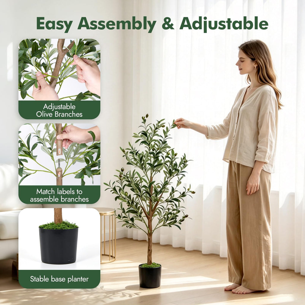 Olive Trees Artificial Indoor: 4FT Faux Olive Tree with White Tall Planter & Moss, Large Fake Plants with Natural