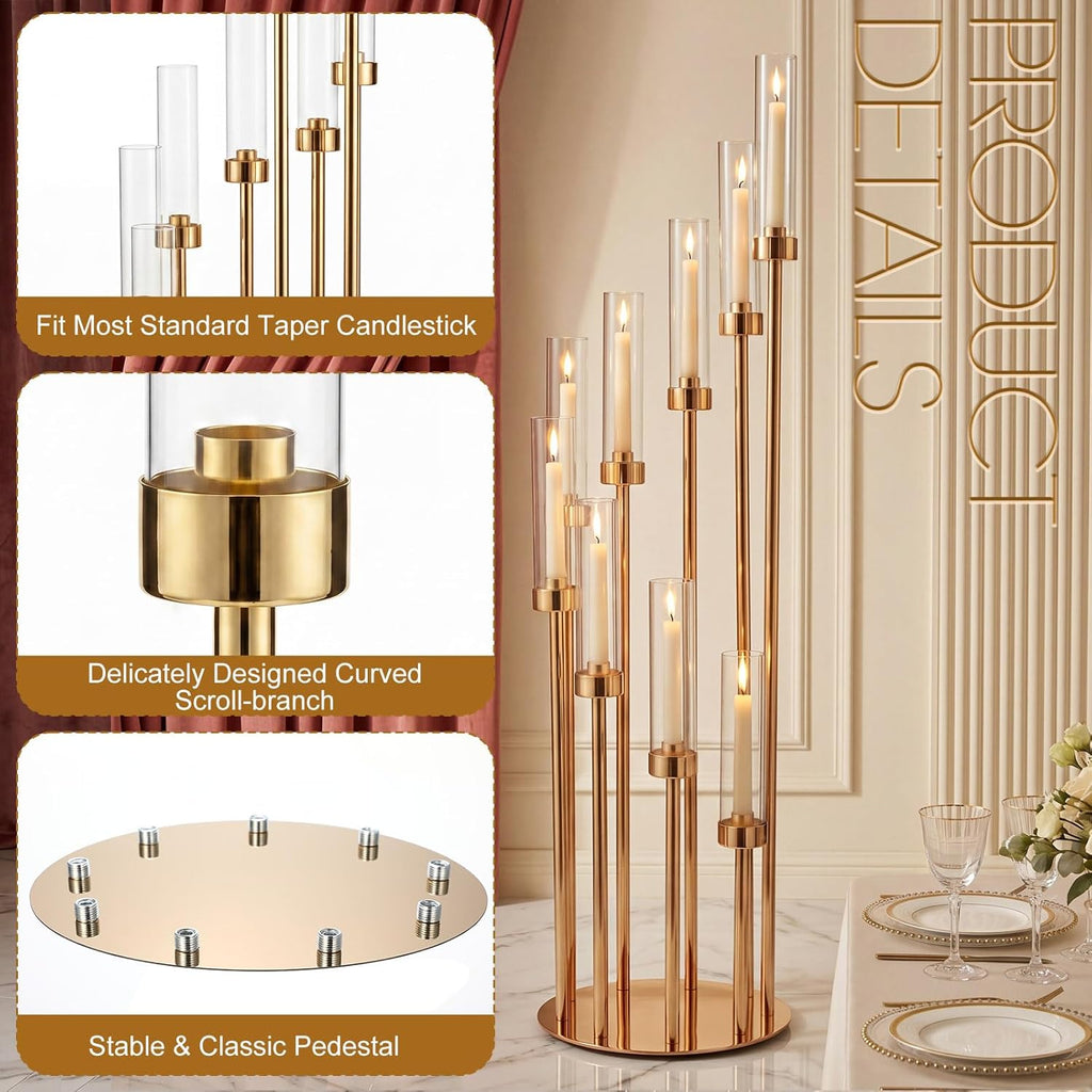 2 Pcs Extra High 50'' Floor Candelabra 9 Arm Gold Candle Holders Tall Floor Candle Holder with Acrylic