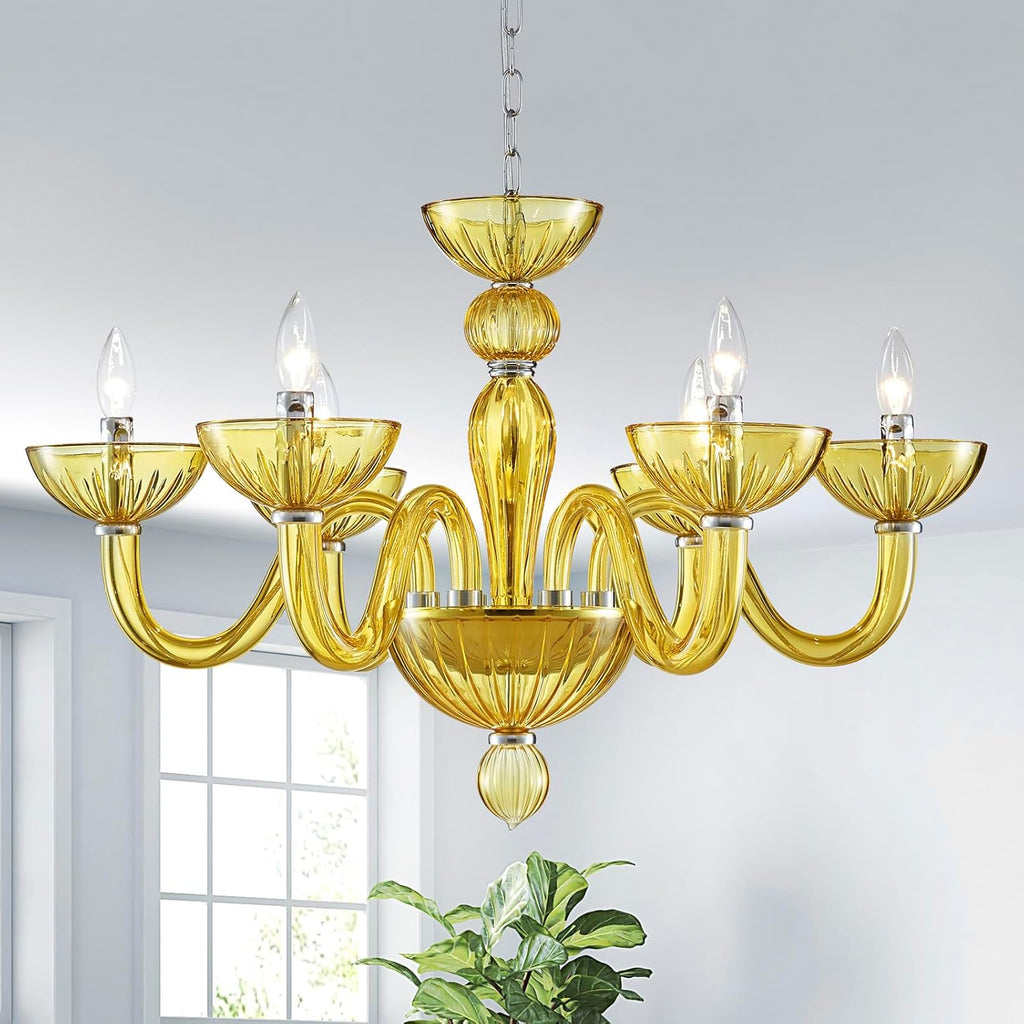 6 Light Crystal Chandelier, Modern Dining Room Light Fixture, Yellowish Green Crystal Pendant Light for Bedroom Livingroom, S Glass Tube, D30xW30xH20, E12 Socket A100-B0DSPRQ2SH