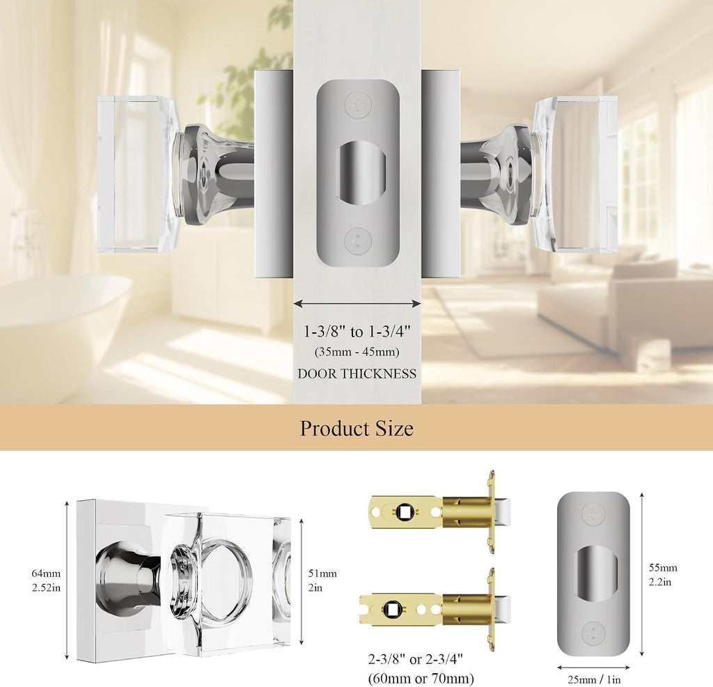 Polished Chrome Door Knob Passage Door Knobs Crystal Glass Door Knobs Interior, Sliver Door Knob Square Door Knob