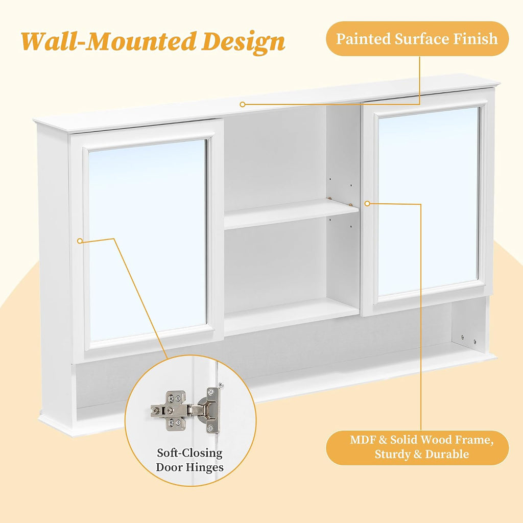 60" Wall-Mounted Bathroom Medicine Cabinet with Double Mirrored Doors, 2-in-1 Mirror & Storage Design Cabinet with