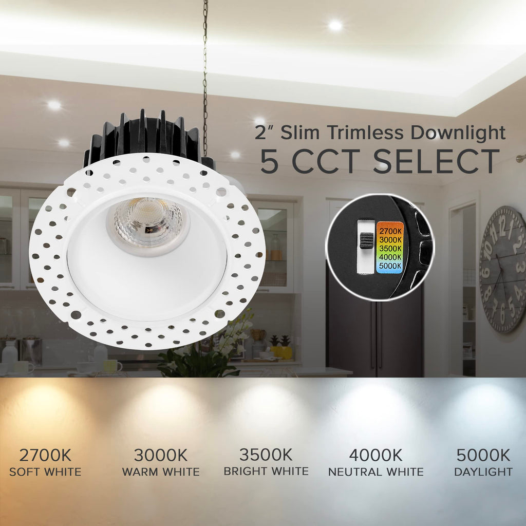 2" White Trimless Anti-Glare LED Downlight, 600 Lumens, 5 CCT