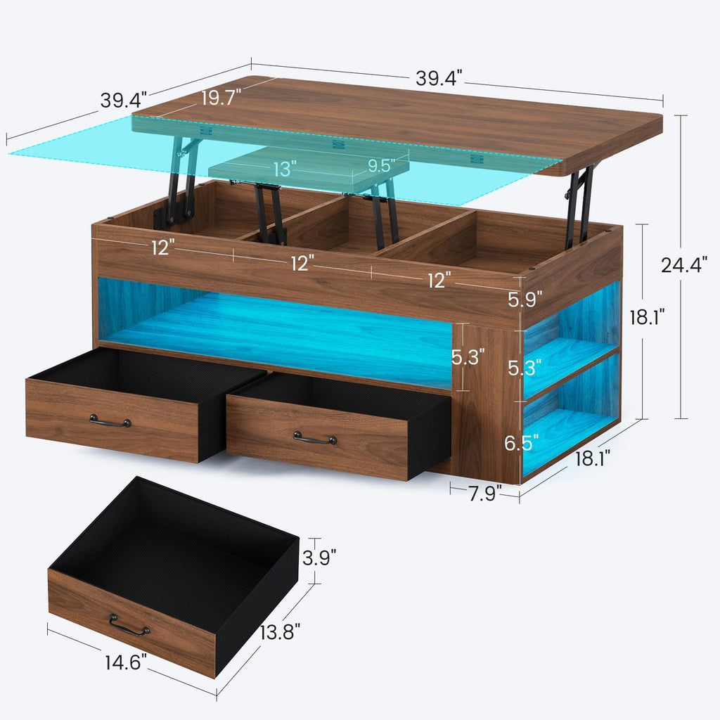 Lift Top Coffee Table, 4 in 1 Coffee Tables with Storage and Hidden Compartment, Farmhouse Coffee Table with 2 Fabric