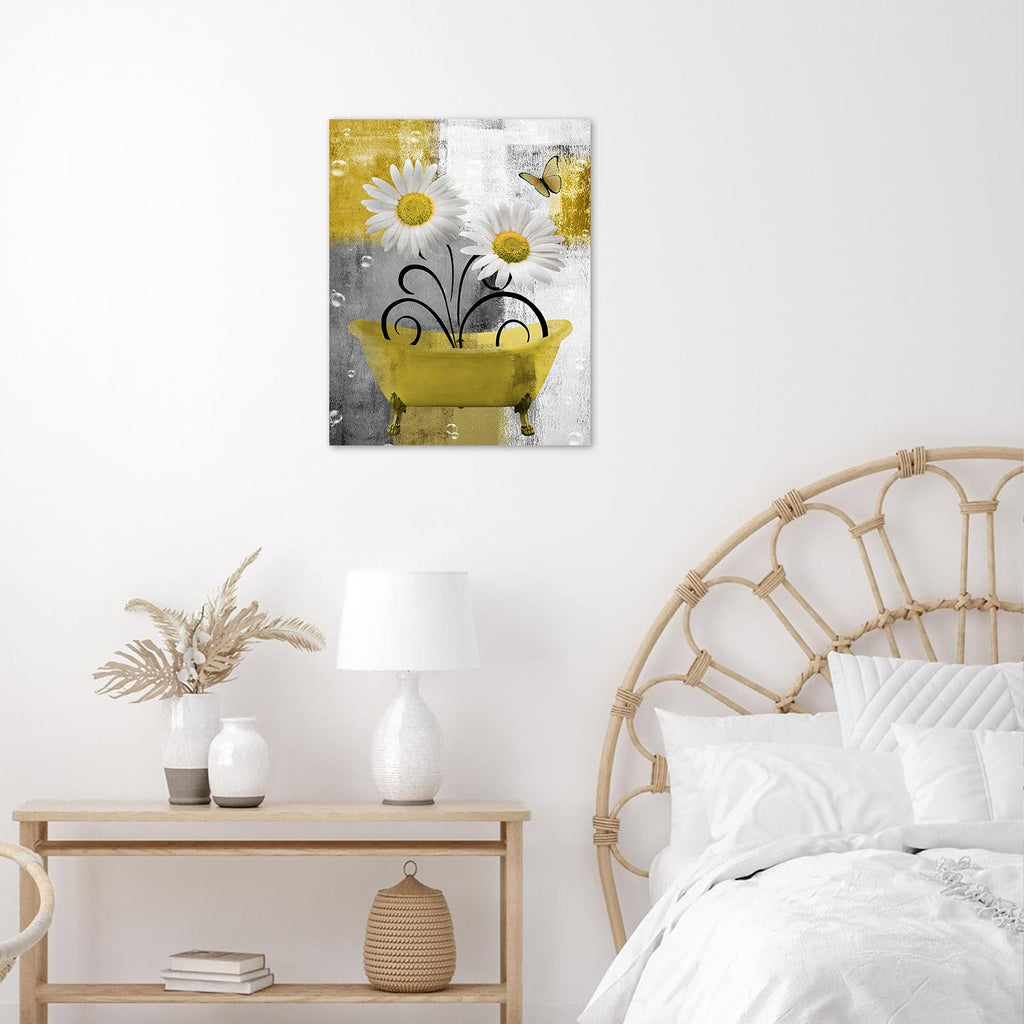 Farmhouse Floral Wall Art, Yellow Flower and Butterfly Canvas Wall Art Modern Grey and White Abstract Geometric