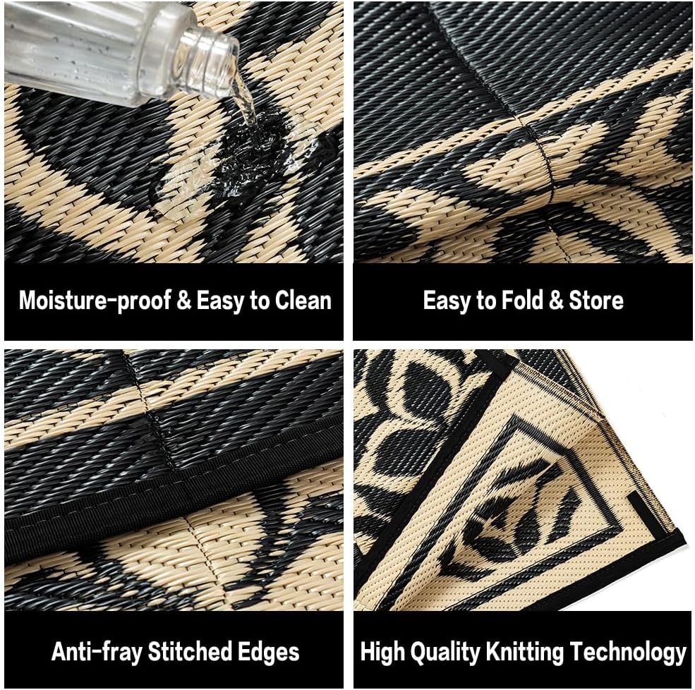 Outdoor Rug Black Beige Geometric