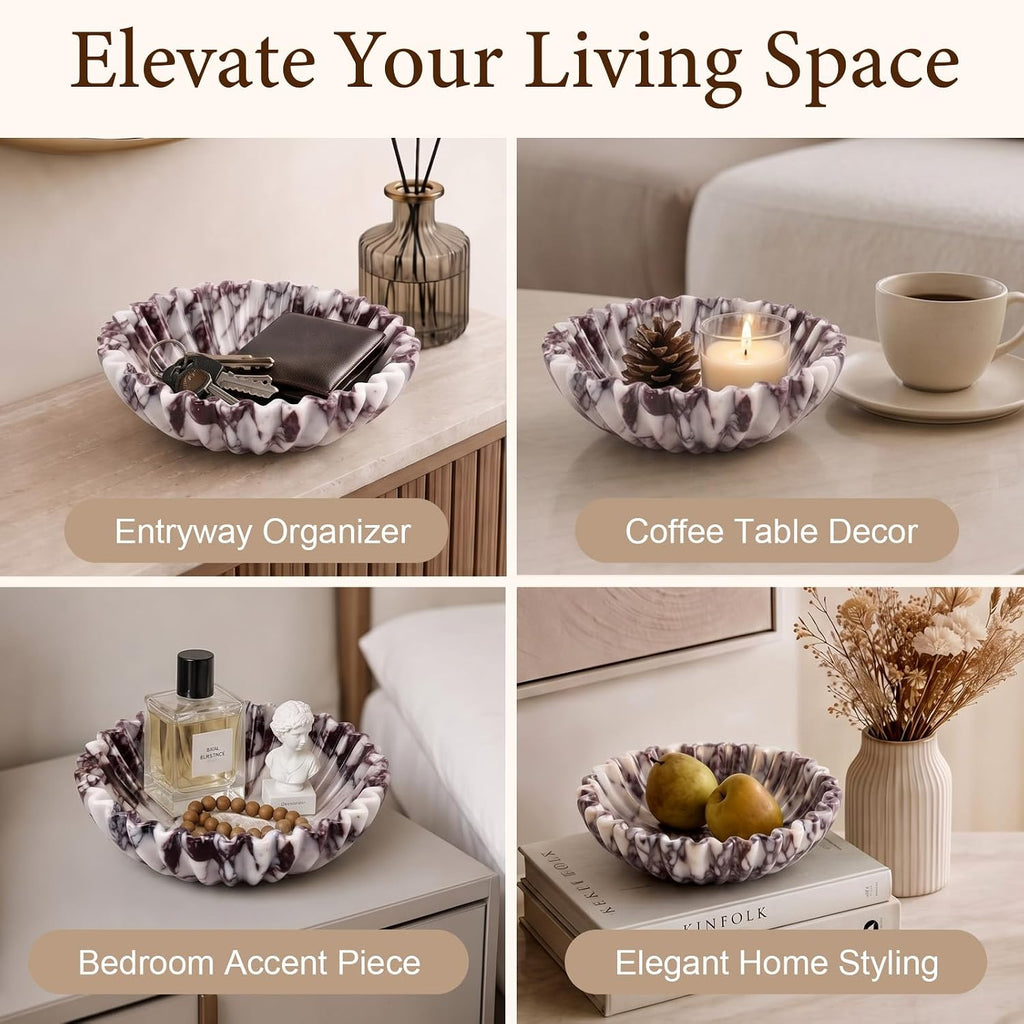 Calacatta Viola Marble Decorative Bowl 10" Handcrafted Scalloped Fruit Bowl | Luxury Natural Marble Fruit Bowl Decor