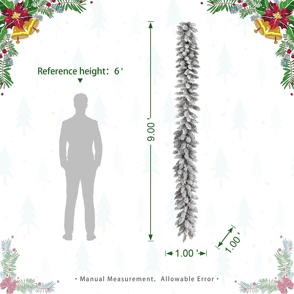 For Mantle, Pre-Lit Snow Flocked Christmas Garland with Warm White LED Lights and Timer for Fireplace, Dining Table